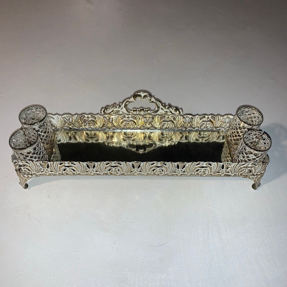 Unbranded white & Gold Filigree Mirrored Vanity Tray lipstick holder One Size